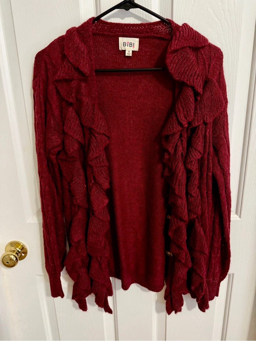 BIBI  Ruffle Button Front Cardigan Sweater - Garnet Red